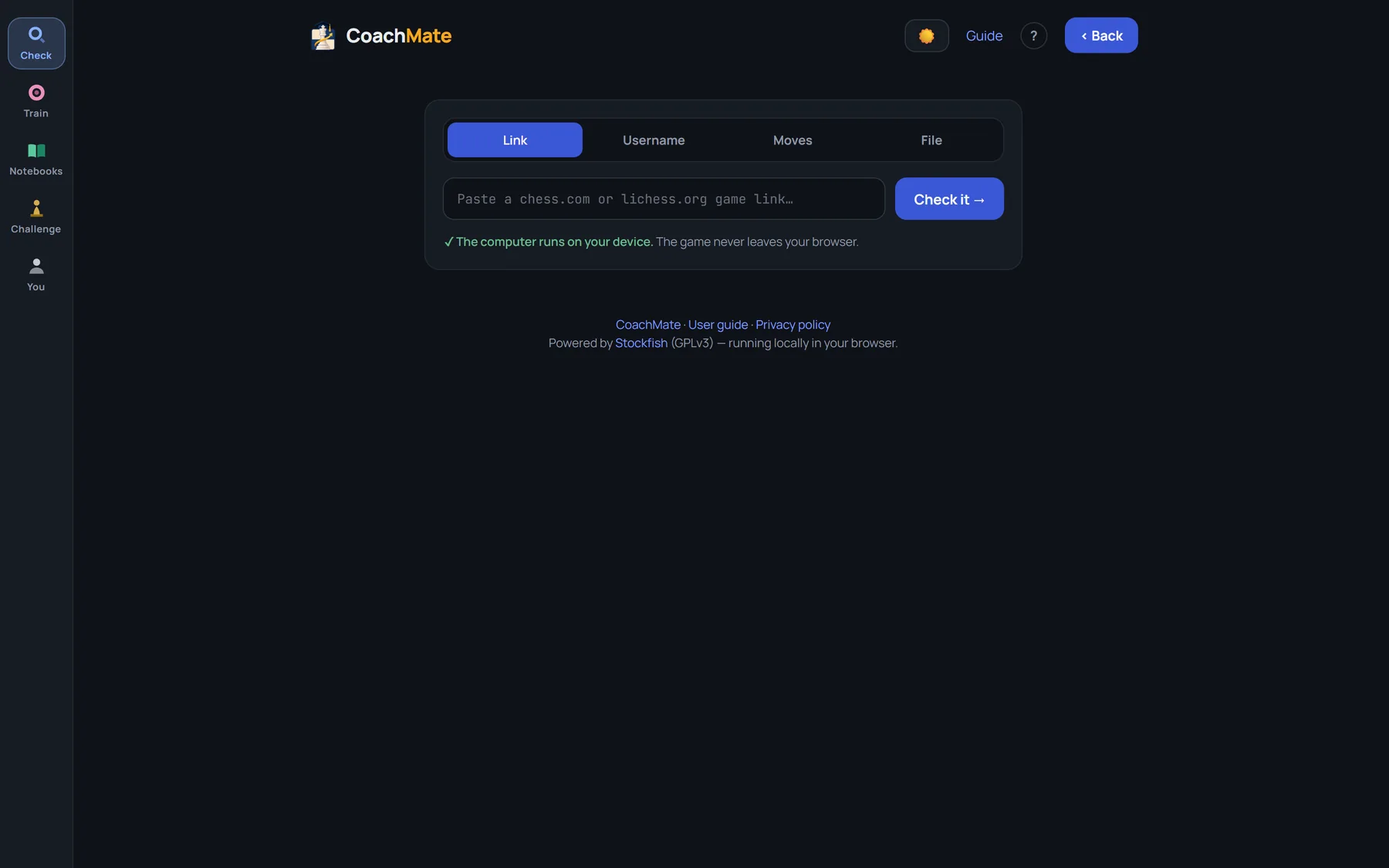 The game check page: one box that takes a link, a username or the moves