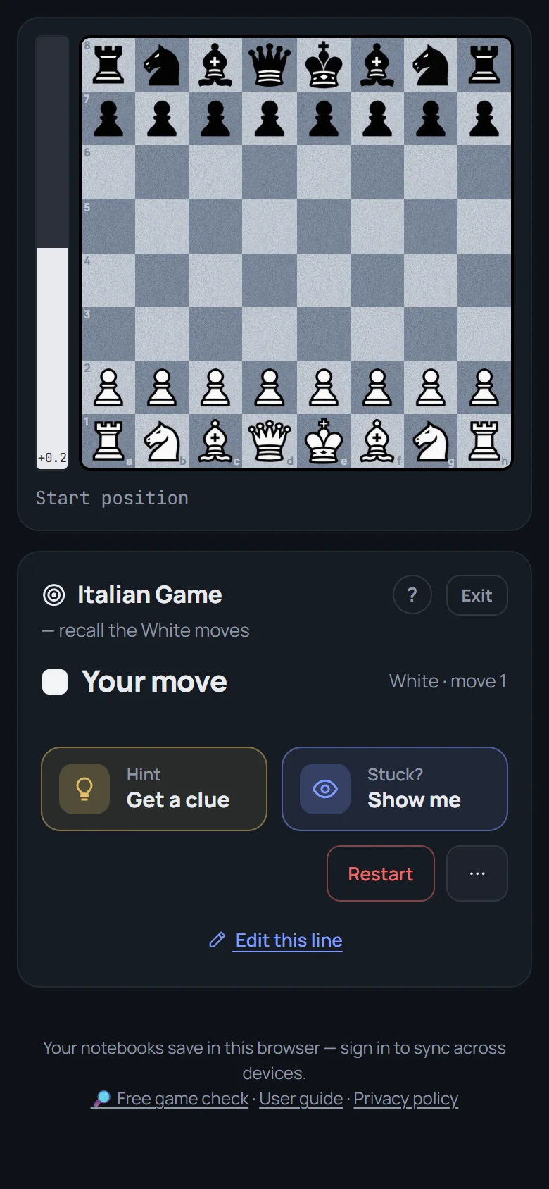 A drill on the phone: the board, 'Italian Game, recall the White moves', Your move, and Hint and Show me buttons